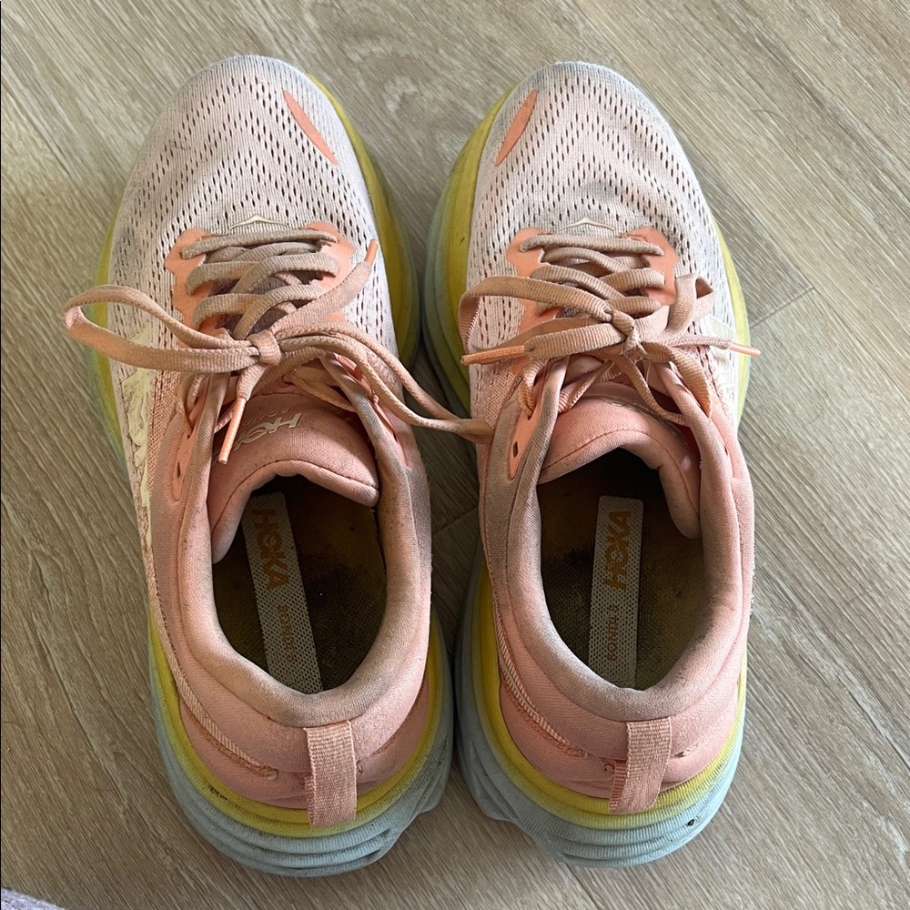 Hoka Women's Peach and Lime Sneakers